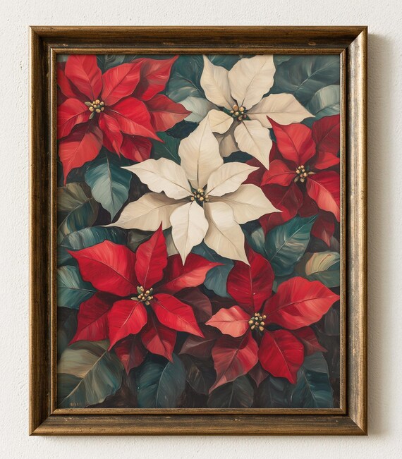 Red White Poinsettia Pattern Vintage Floral Oil Painting Poster
