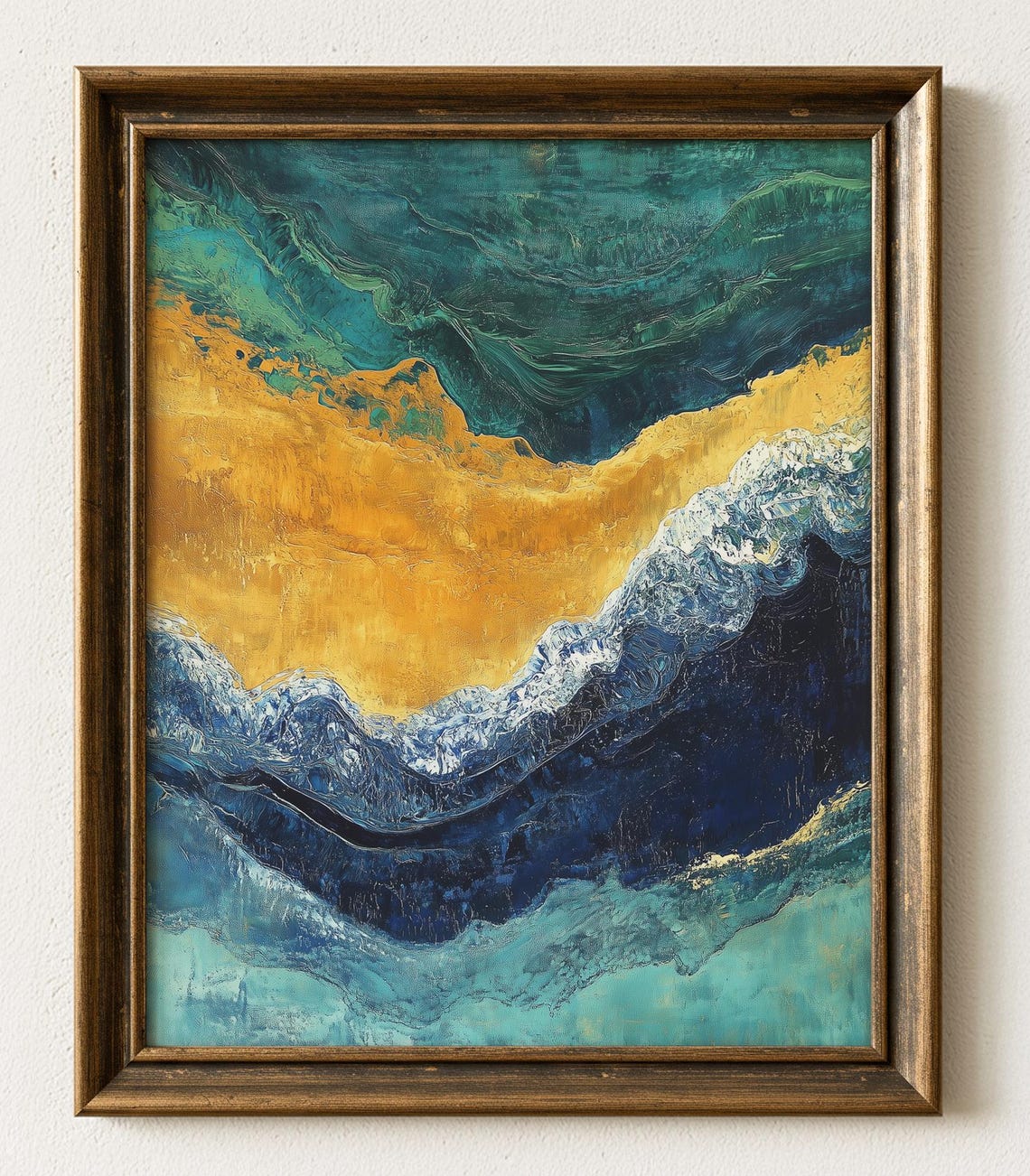 Abstract Ocean Wave Painting Poster Teal Gold Textured Dynamic Decor