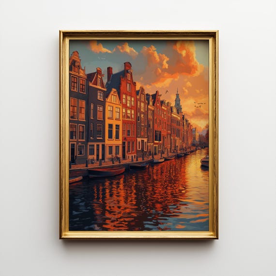 Vintage Amsterdam Canal Sunset Travel Poster Art 155