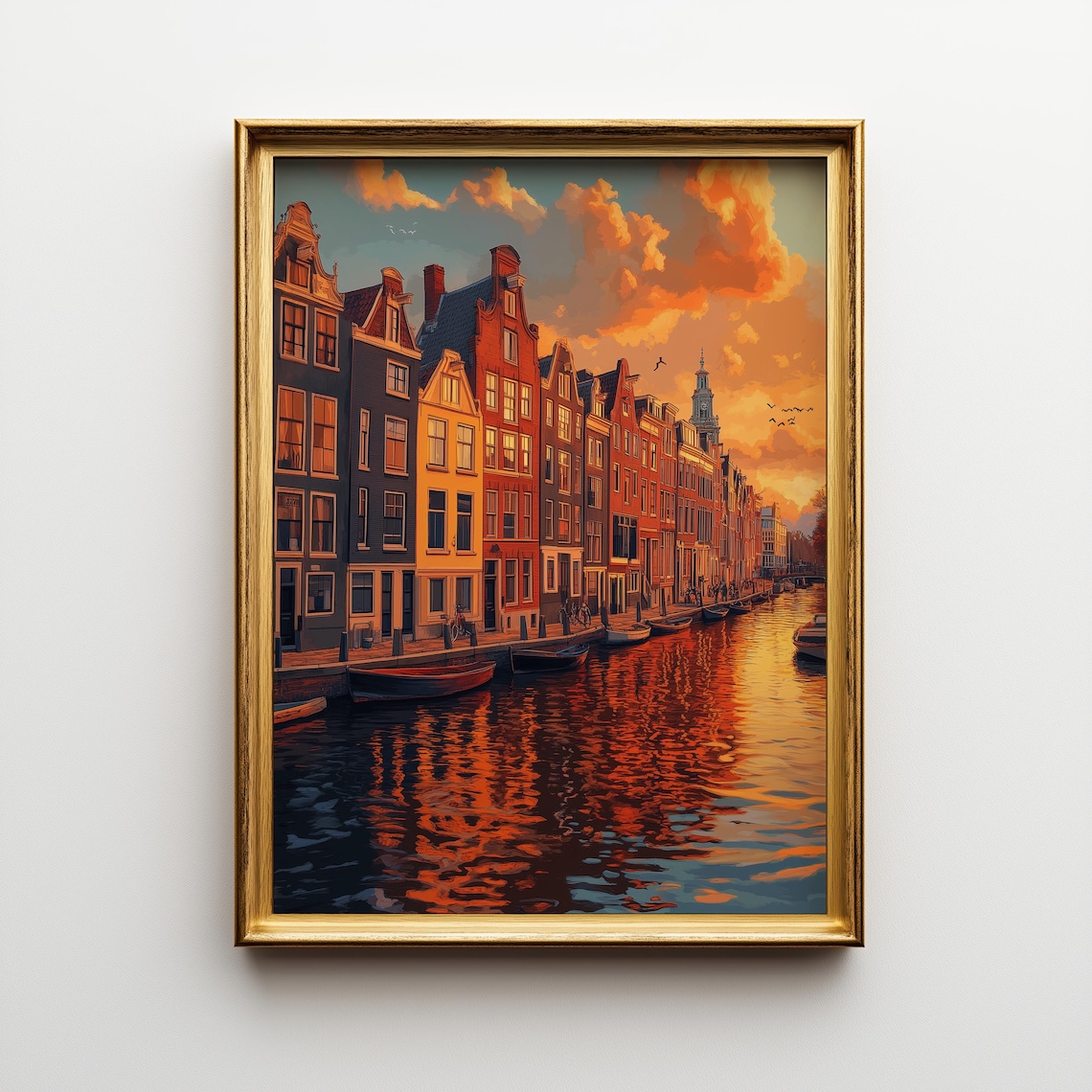 Amsterdam Gabled Houses Along Canal At Sunset Reflection Art Poster