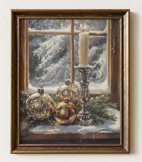 Vintage Christmas Window Painting Candle Glass Ornaments Decor 658