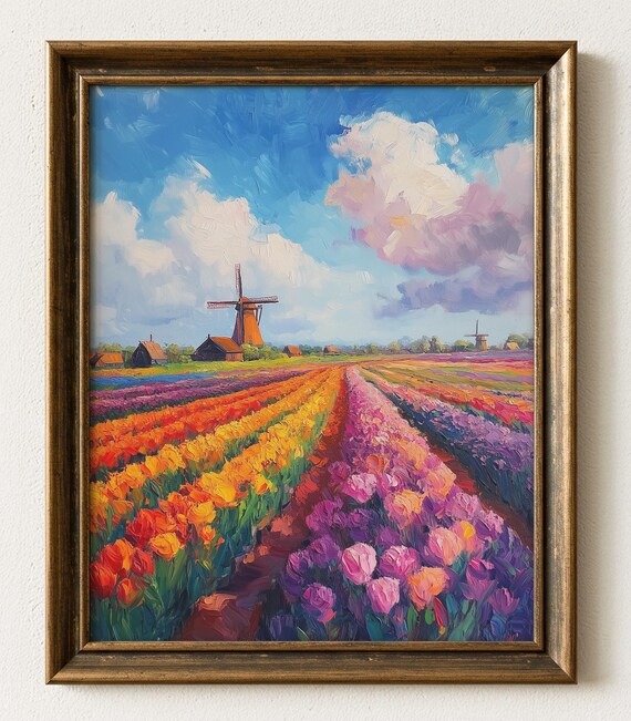 Dutch Tulip Fields Windmill Colorful Spring Landscape Oil Art Print