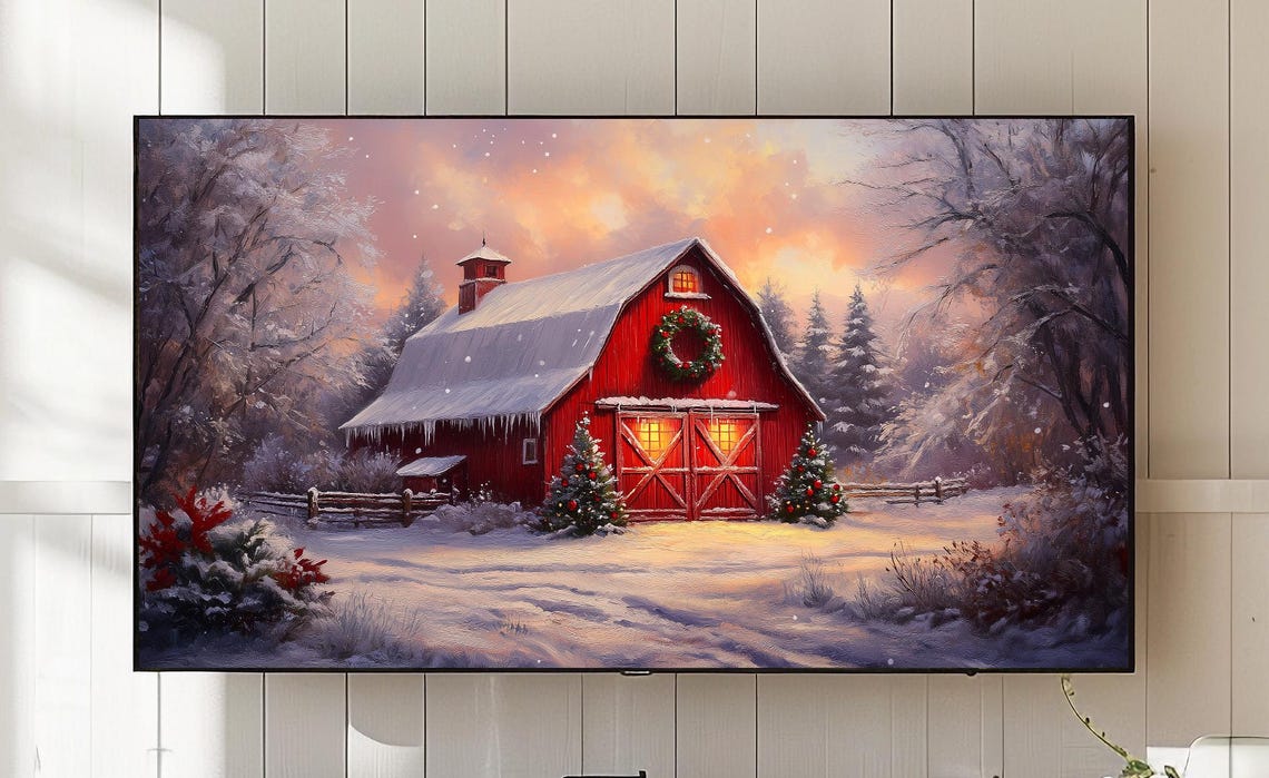 Red Barn in Fresh Snow with Christmas Wreath Winter Art Poster