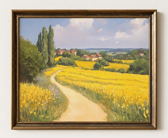 Golden Rapeseed Field With Dirt Path Rustic Countryside Poster