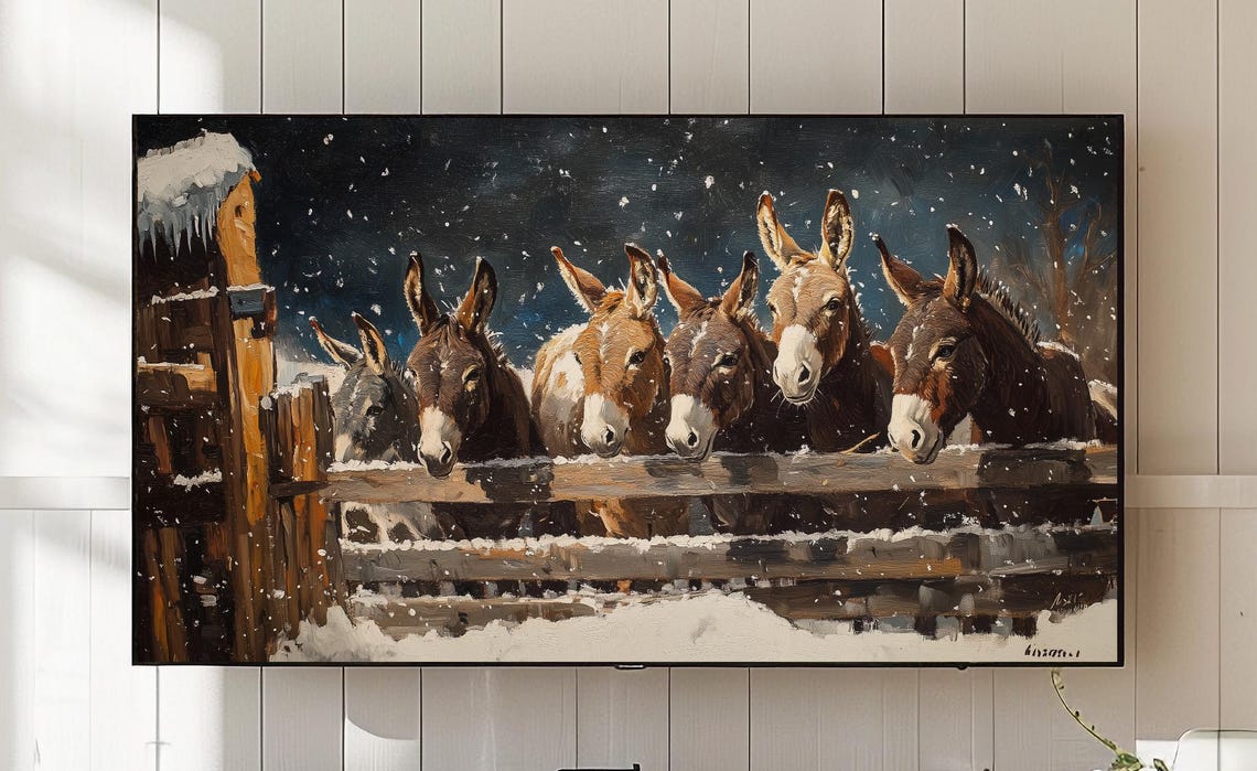 Curious Donkeys At Snowy Rustic Fence Winter Farm Painting Poster