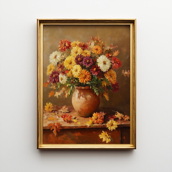 Rustic Fall Flower Bouquet Terracotta Vase Chrysanthemum Art Poster