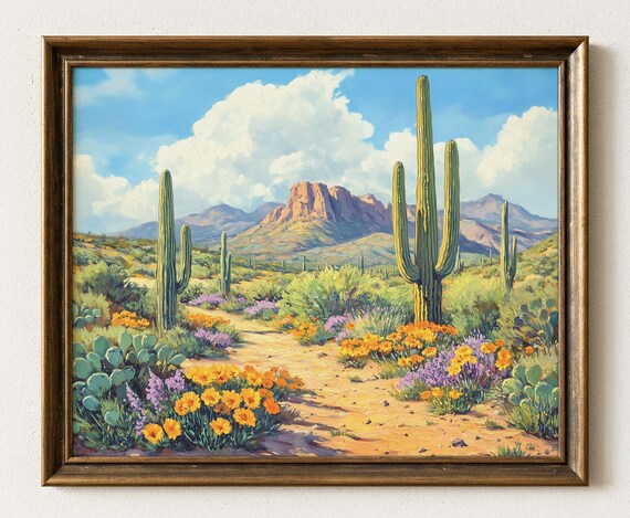 Saguaro Cactus Desert Landscape Print Rustic Southwest Wall Art 1007