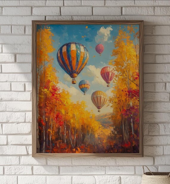 Autumn Hot Air Balloons Landscape Art Print Rustic Cottage Decor 60