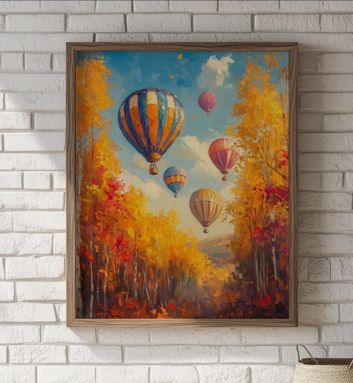 Hot Air Balloons Rising Above Golden Autumn Forest Canopy Poster