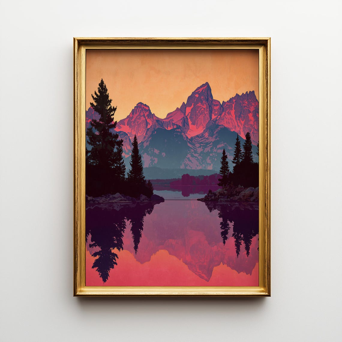 Pink Sunset Mountain Peaks Lake Reflection Retro Travel Poster