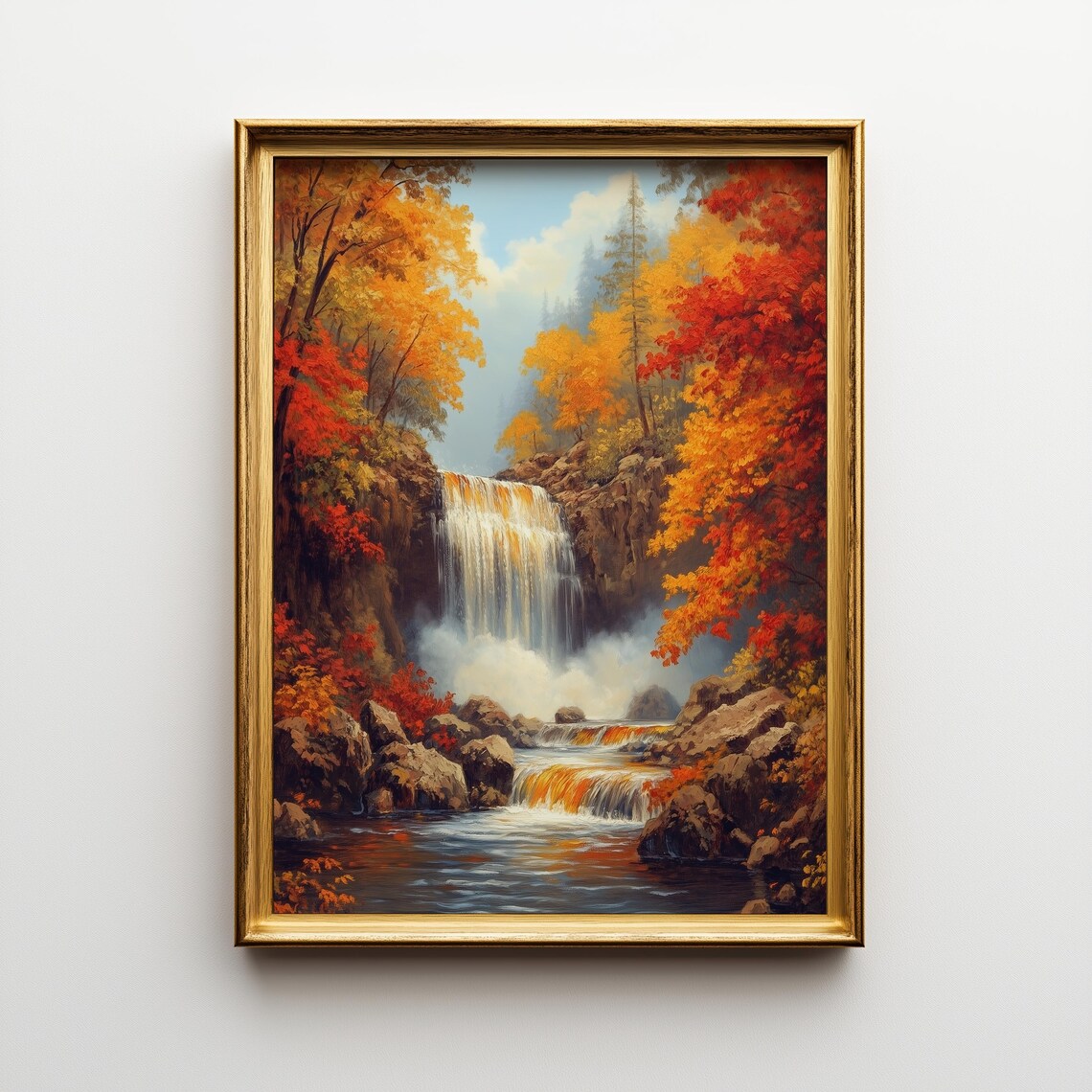 Autumn Waterfall Landscape Painting Rustic Fall Wall Art 418