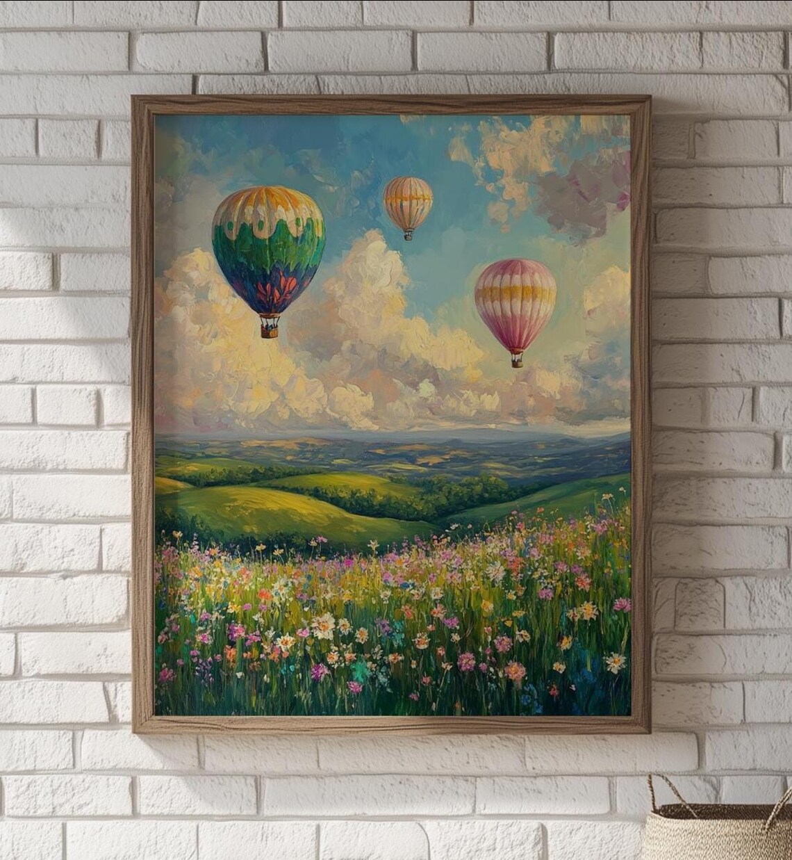 Hot Air Balloon Landscape, Whimsical Countryside Art Print