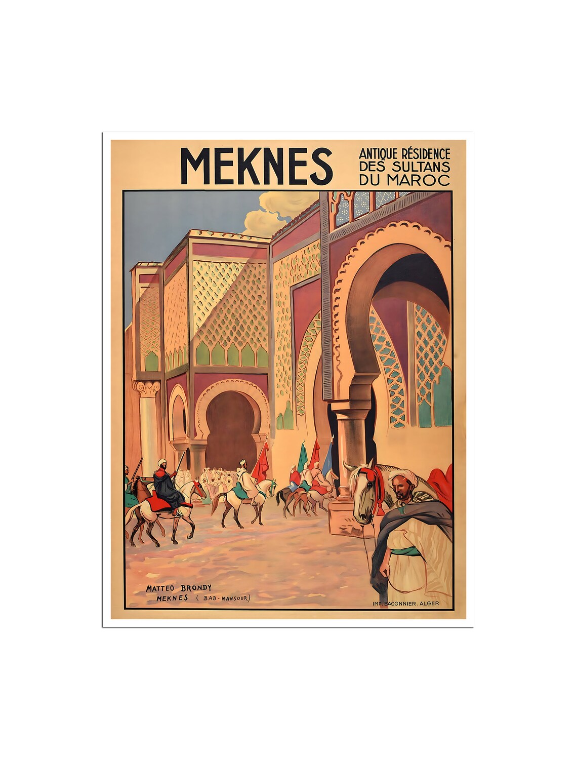 Meknes Morocco Vintage Travel Poster Bab Mansour Gate Brondy Art