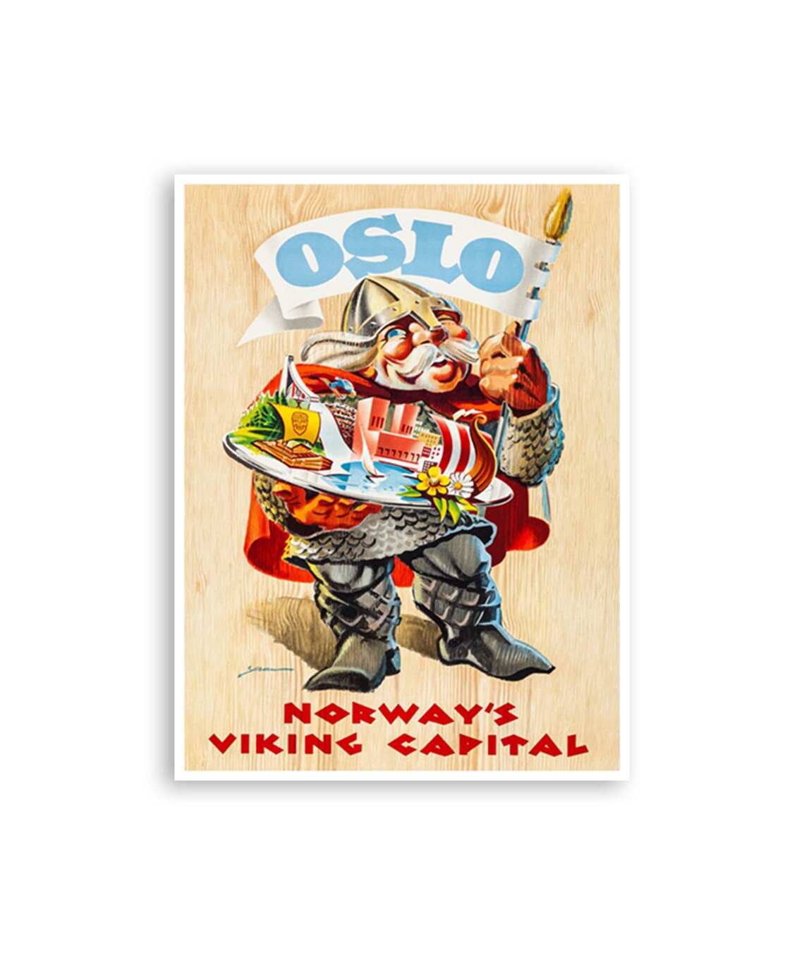 Oslo Norway Viking Capital Cheerful Viking Ship Vintage Poster