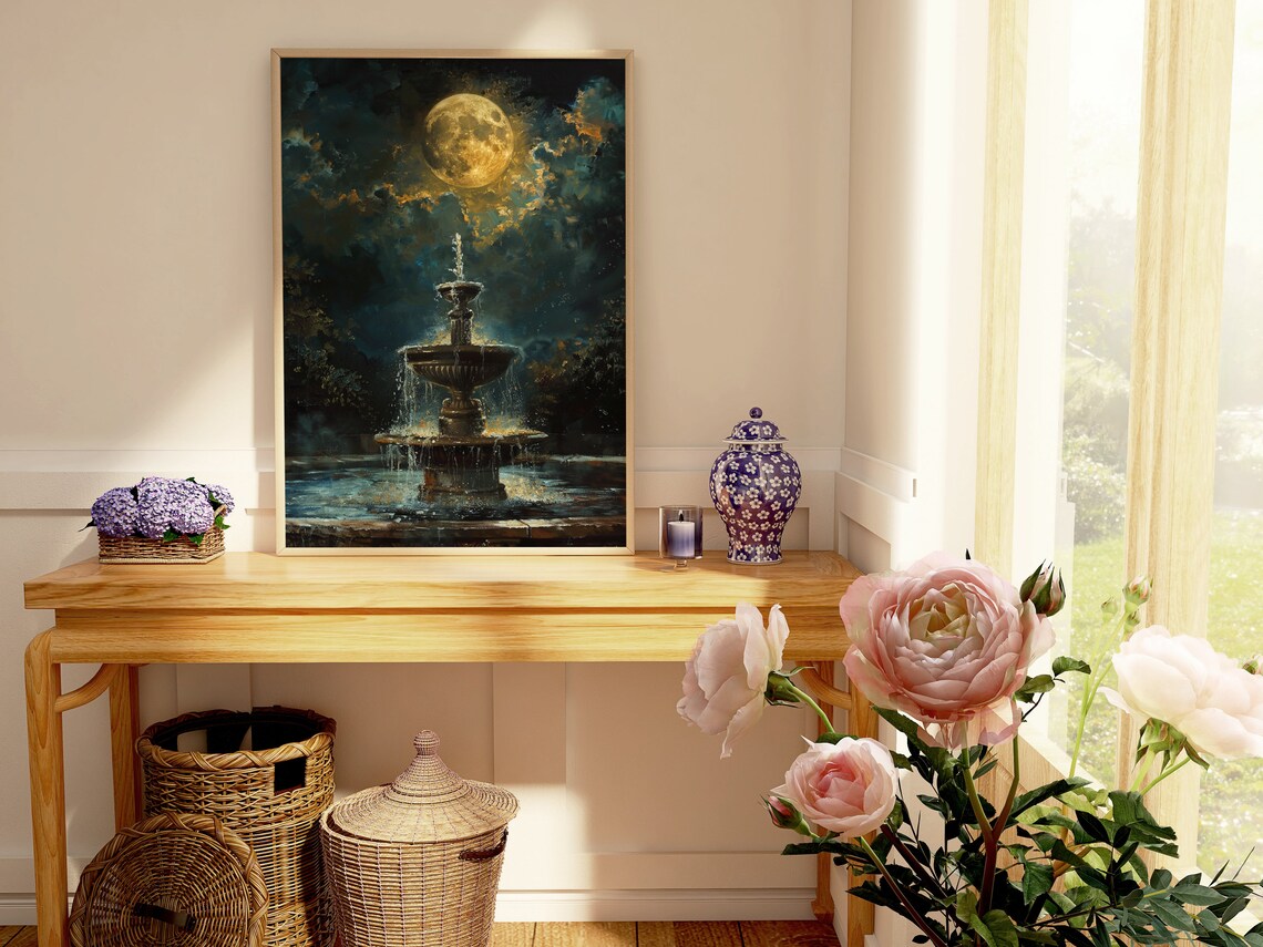 Full Moon Above Water Fountain Art Print, Vintage - Image 2