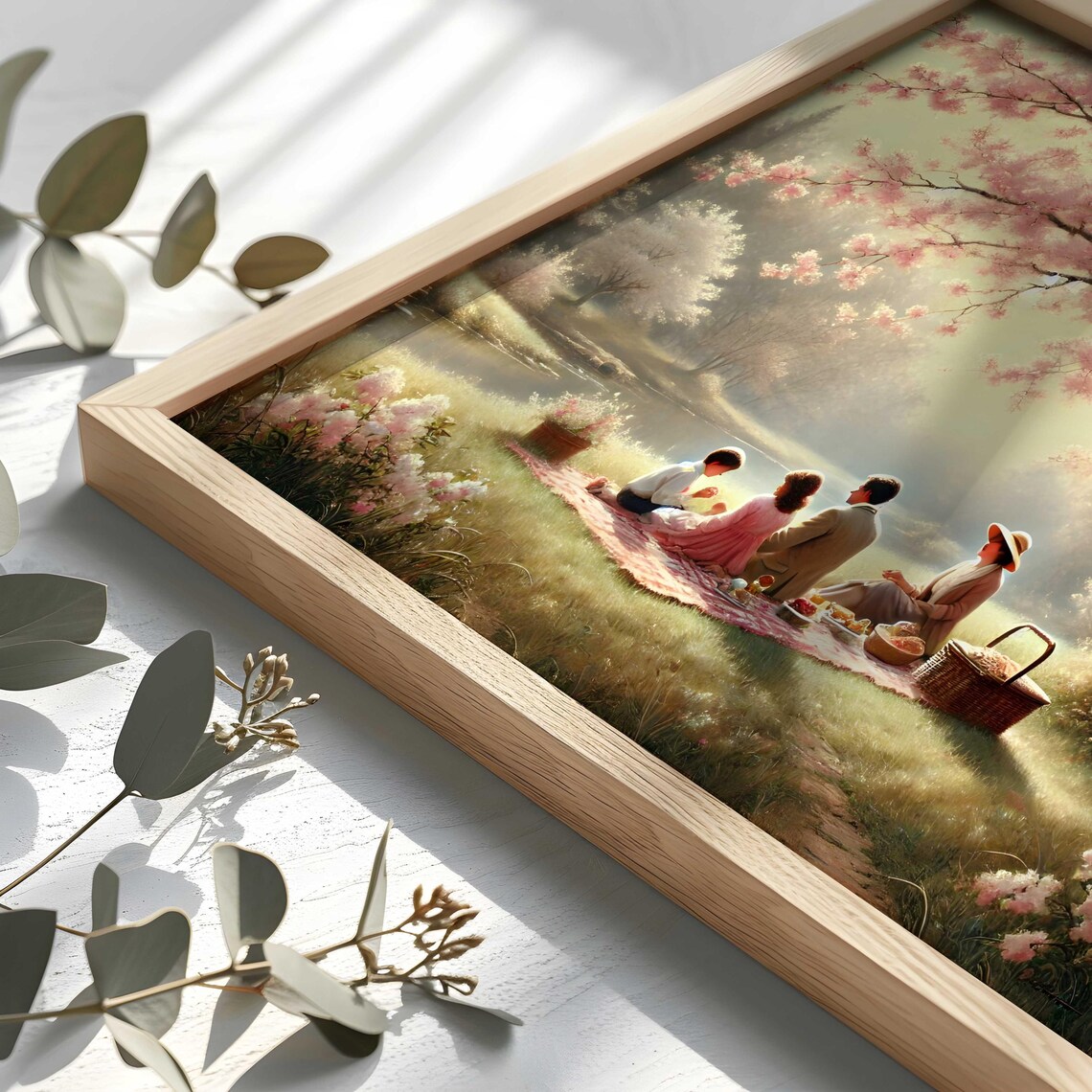 Family Picnic Under Cherry Blossoms Vintage Spring Painting Poster - Image 2