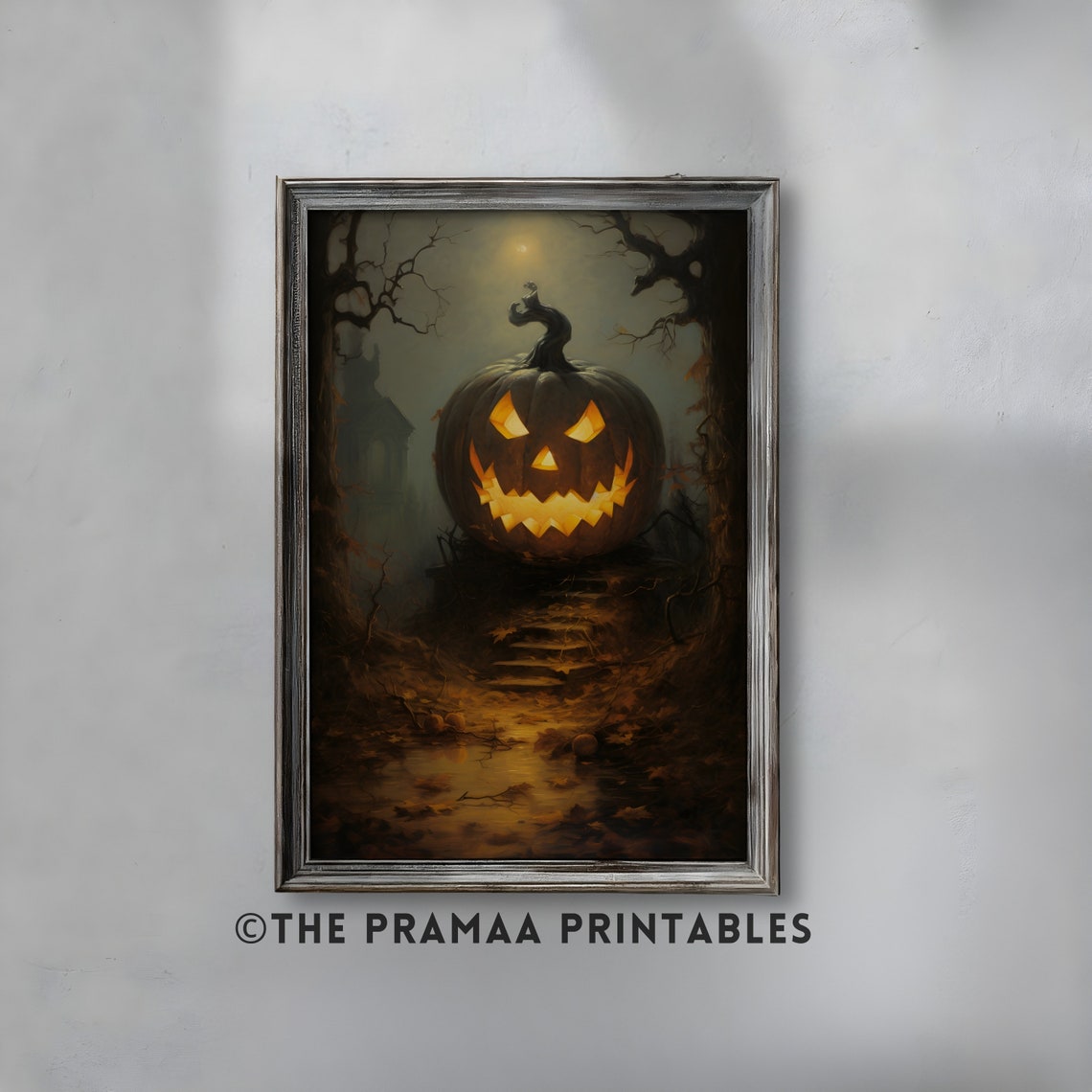 Glowing Jack O Lantern Haunted Forest Steps Halloween Night Poster
