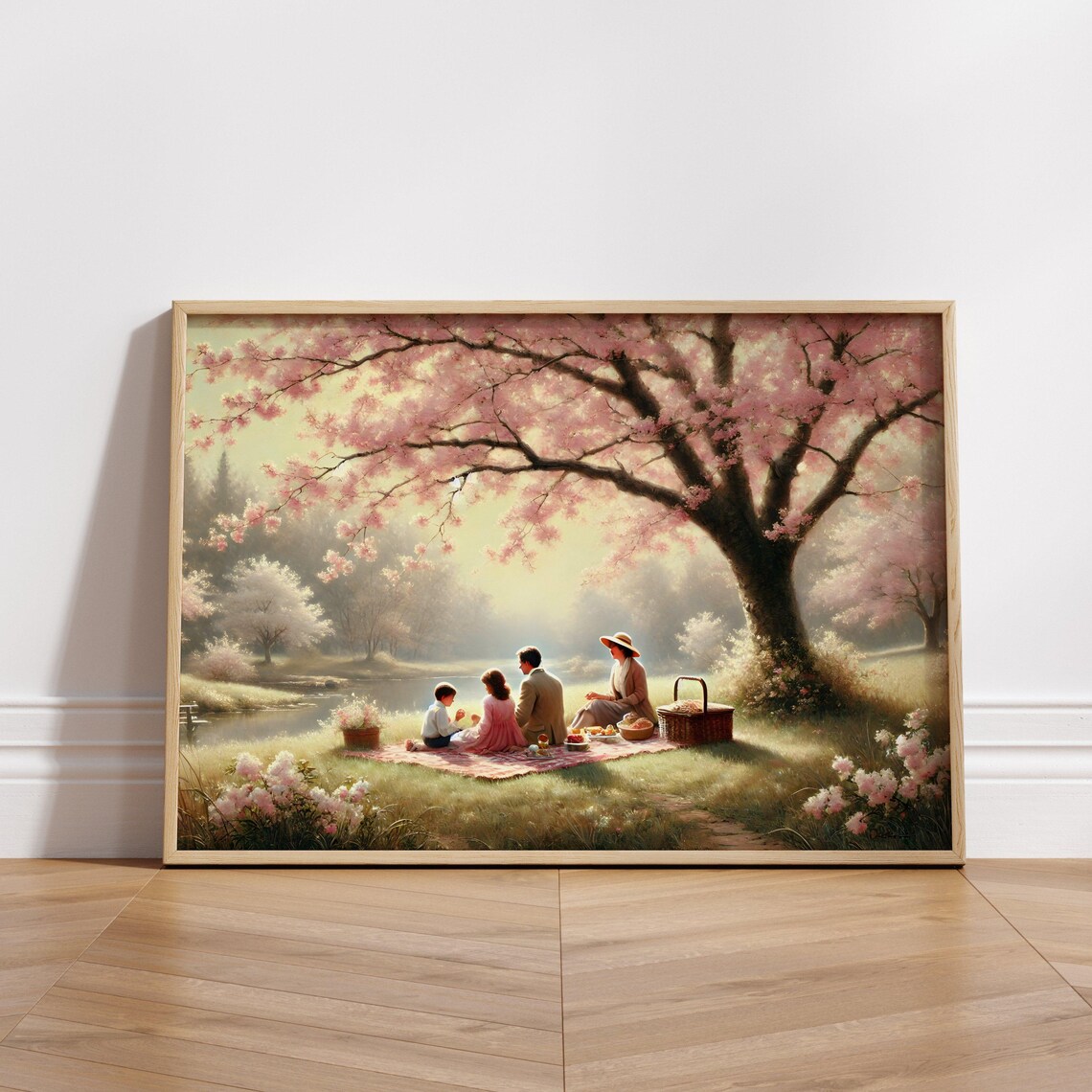 Family Picnic Under Cherry Blossoms Vintage Spring Painting Poster - Image 3