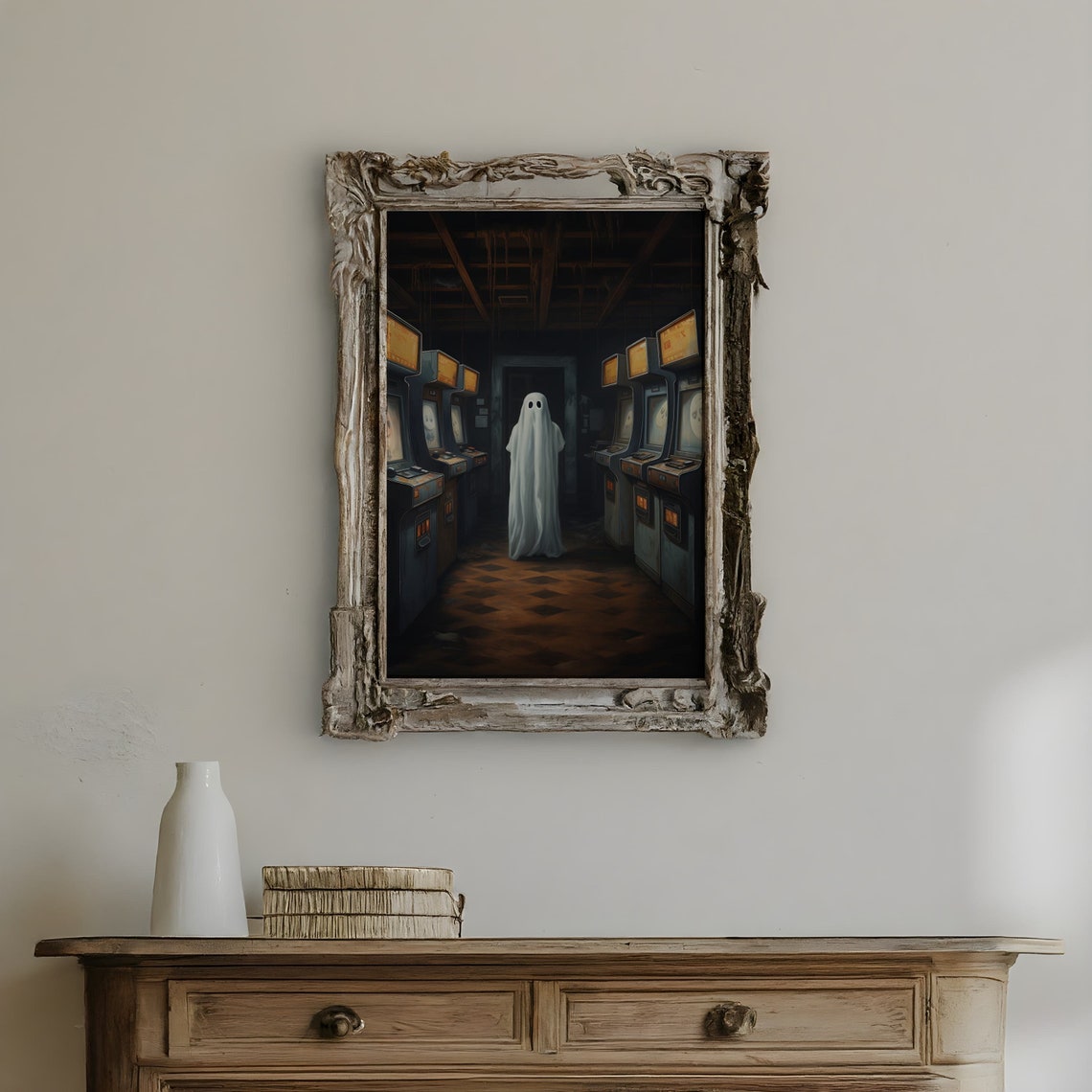 Ghost Abandoned Arcade Dark Night Hallway Retro Halloween Poster - Image 3