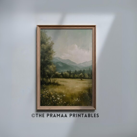 Misty Green Valley Mountain Meadow Vintage Landscape Wall Art