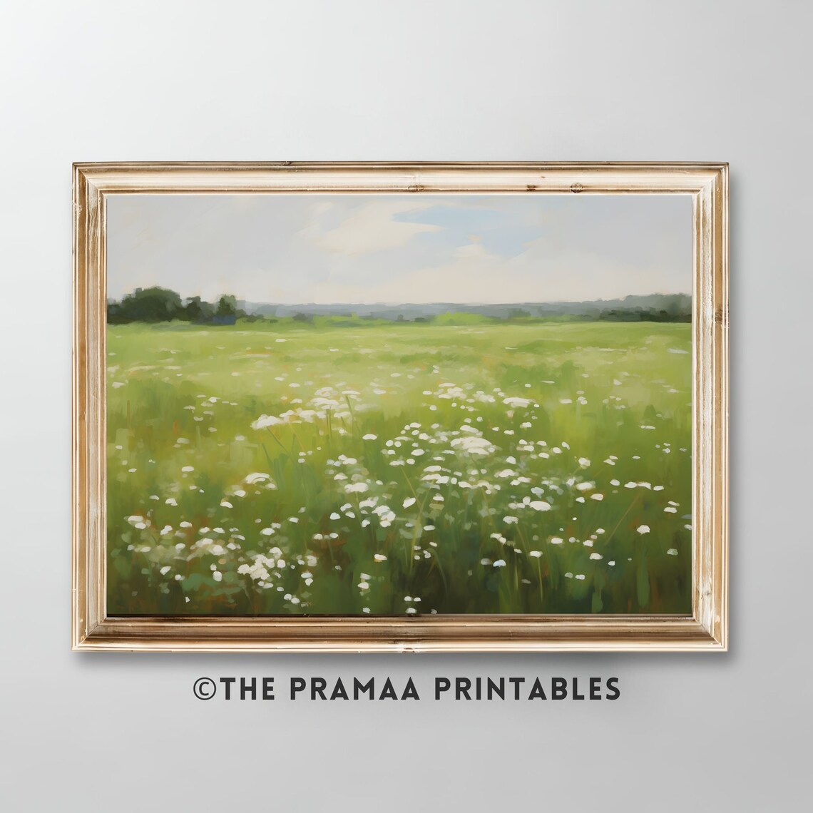 Green Summer Meadow with White Wildflowers Impressionist Painting Poster