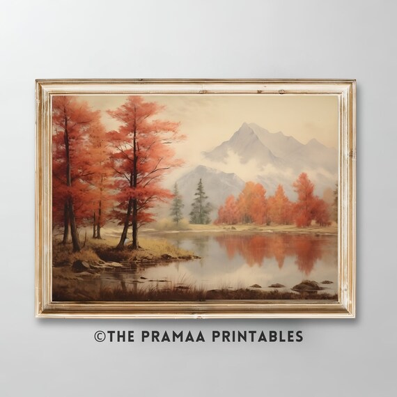 Fall Landscape Red Autumn Trees Mountain Lake Vintage Poster