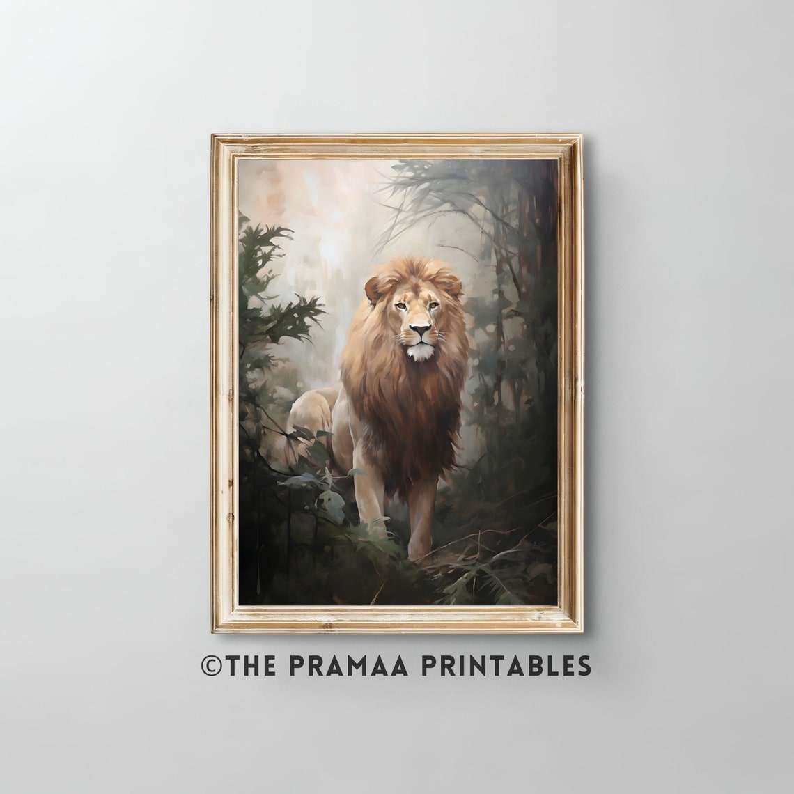 Majestic Lion in Misty Forest Vintage Wildlife Portrait Poster