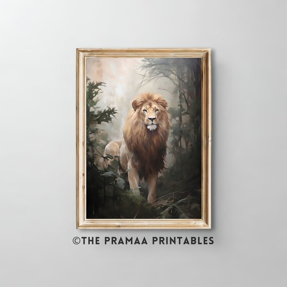 Majestic Lion in Misty Forest Vintage Wildlife Portrait Poster