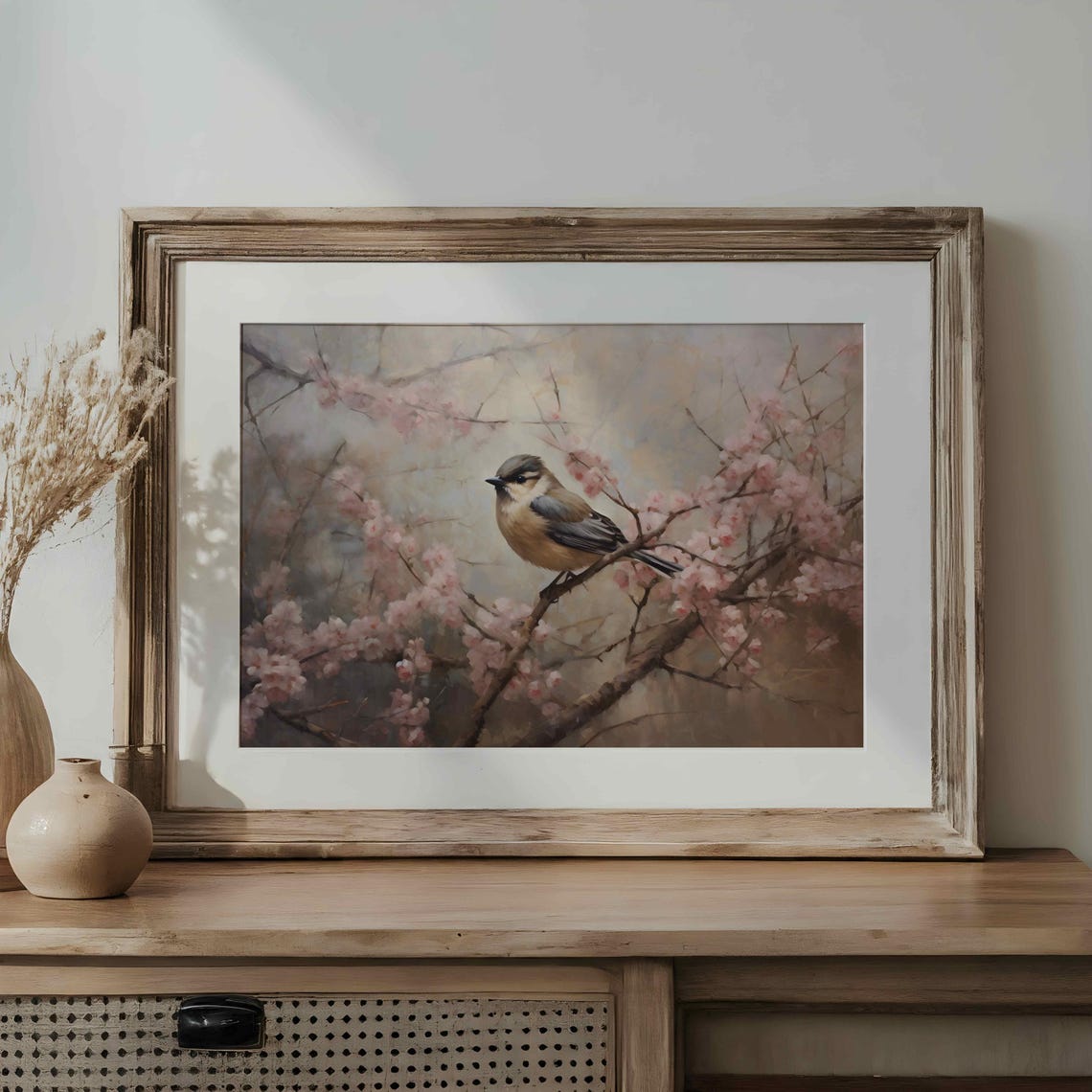 Chickadee Bird on Pink Cherry Blossom Branch Spring Painting Poster - Image 3