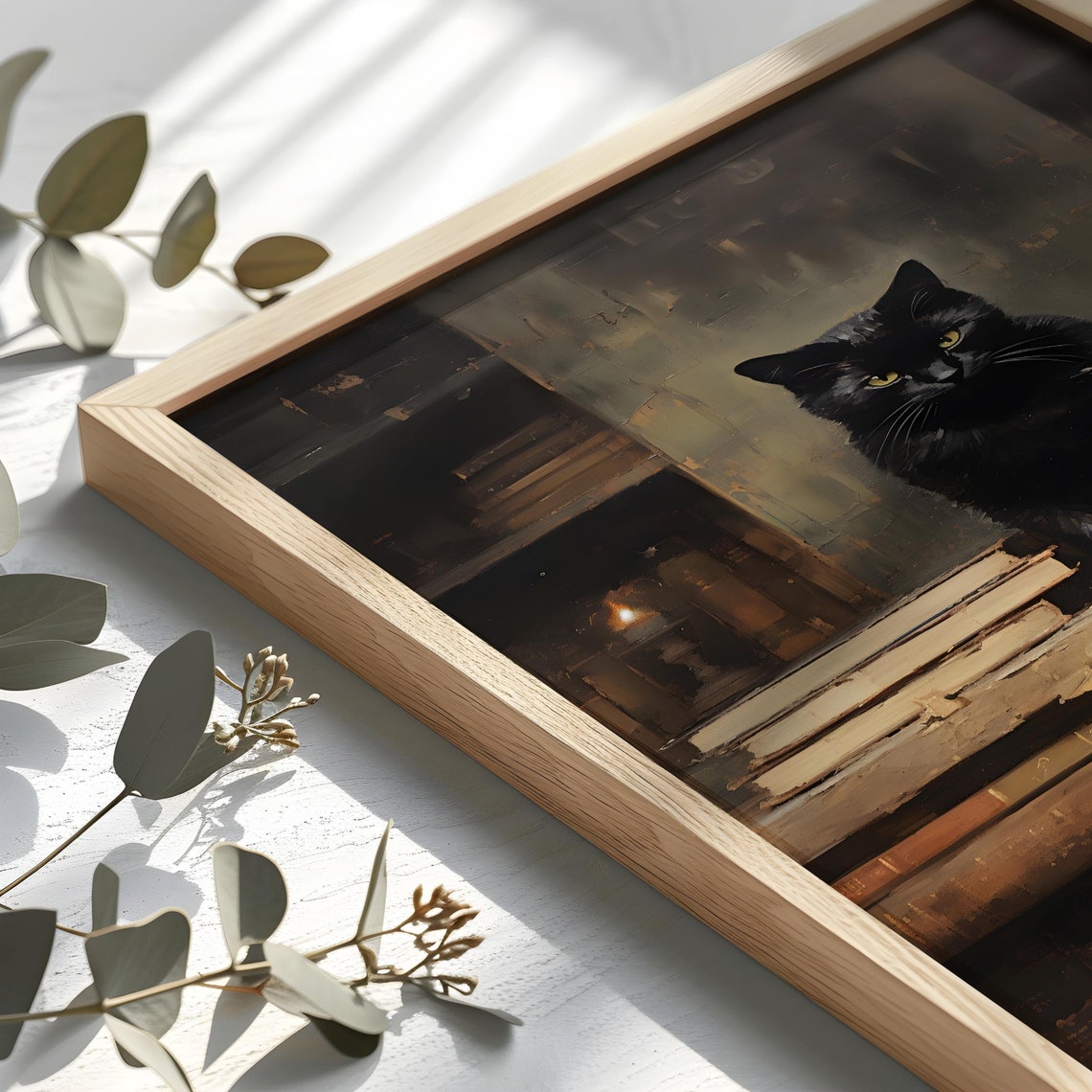 Black Cat Library Books Vintage Halloween Witchy Cat Art Poster - Image 2