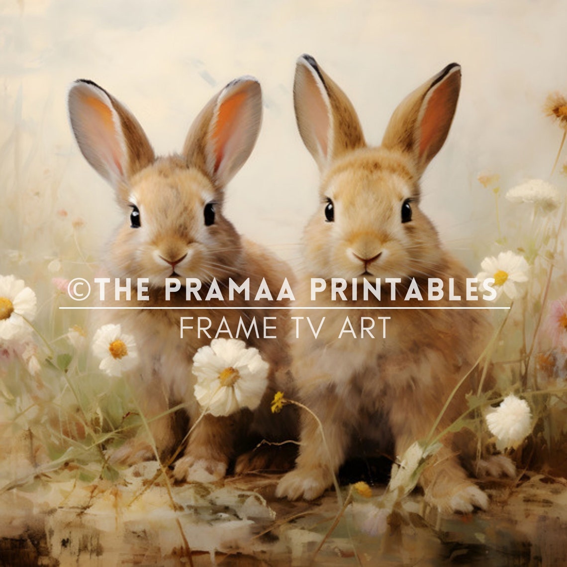 Two Brown Bunnies in Wildflower Meadow Vintage Spring Rabbit Poster - Image 2