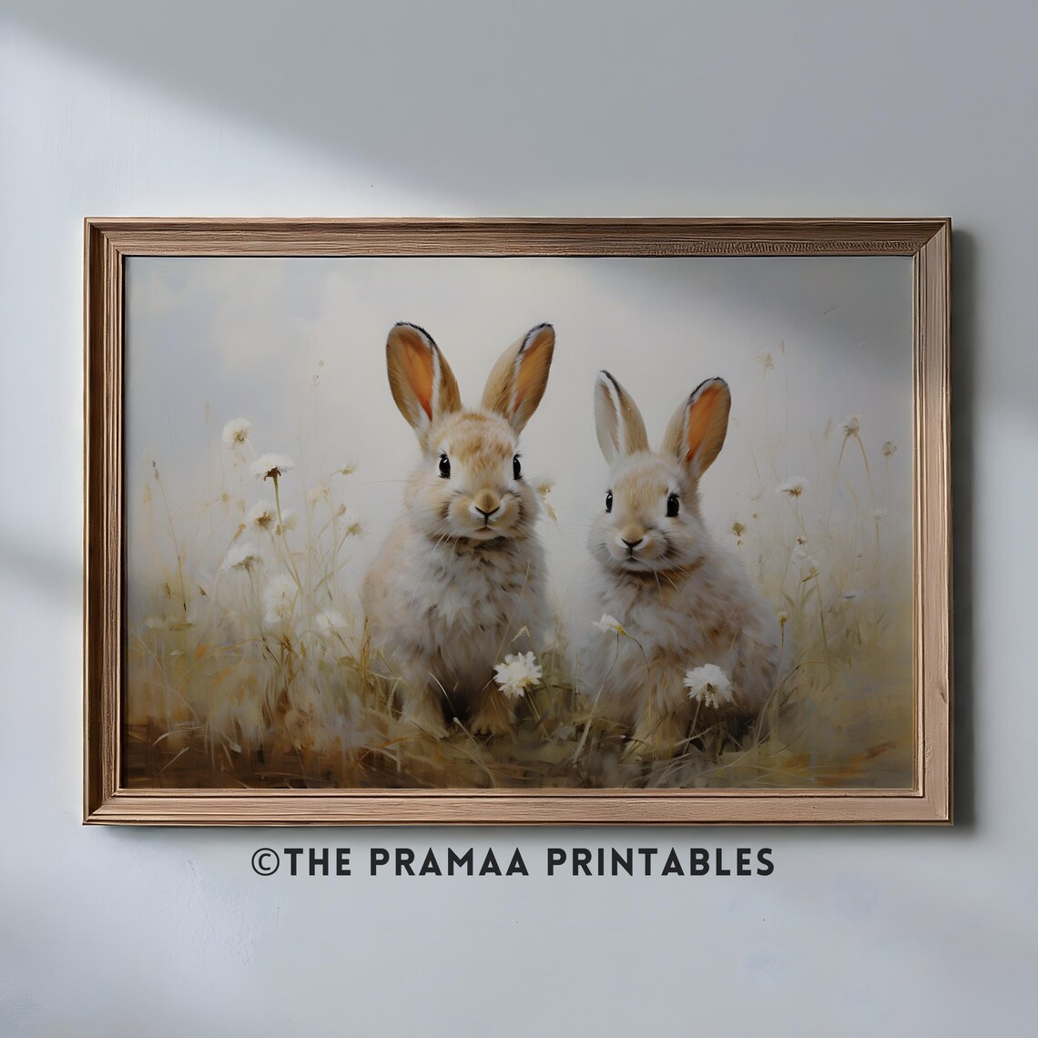 Two Baby Bunnies Among White Wildflowers Vintage Spring Poster