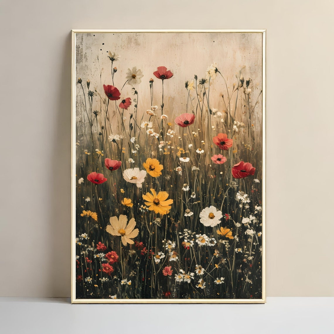 Wild Poppies and Cosmos in a Summer Meadow Vintage Painting Poster - Image 3