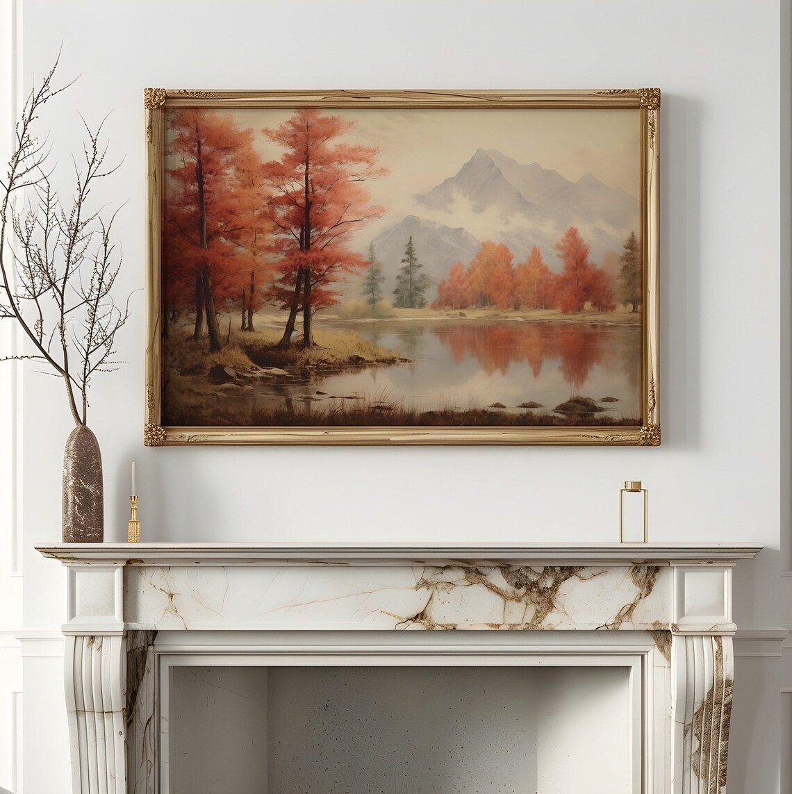 Fall Landscape Red Autumn Trees Mountain Lake Vintage Poster - Image 2