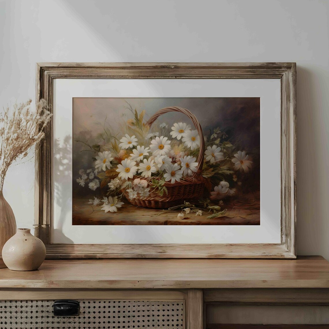 White Daisies in Wicker Basket Vintage Floral Still Life Painting Poster - Image 3