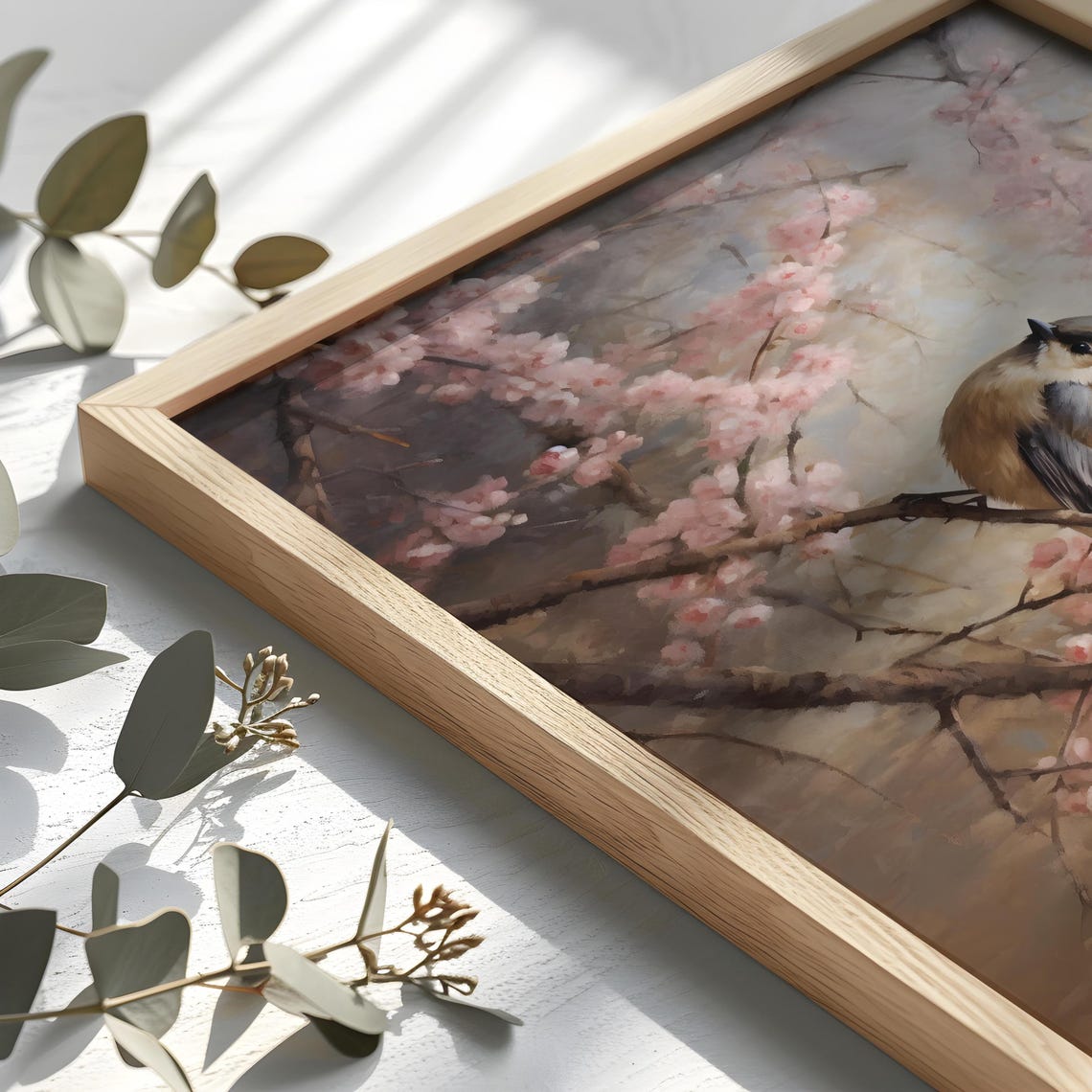 Chickadee Bird on Pink Cherry Blossom Branch Spring Painting Poster - Image 2