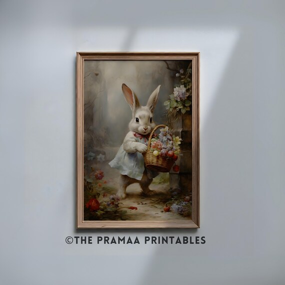 White Bunny in Blue Dress Carrying Flower Basket Vintage Poster