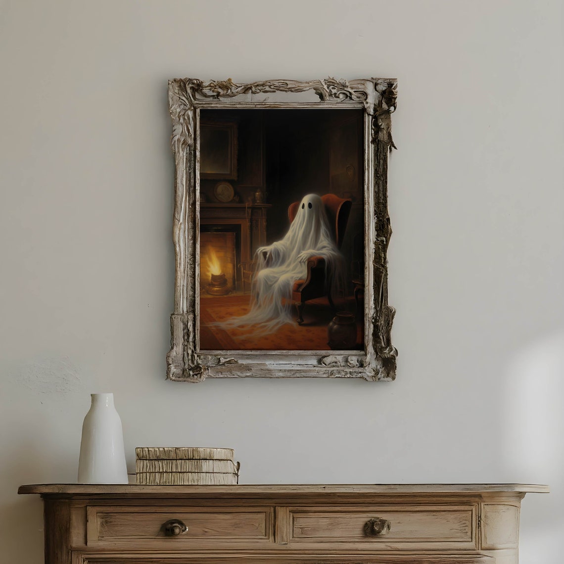 Ghost Armchair Fireplace Cozy Dark Victorian Parlor Night Poster - Image 3