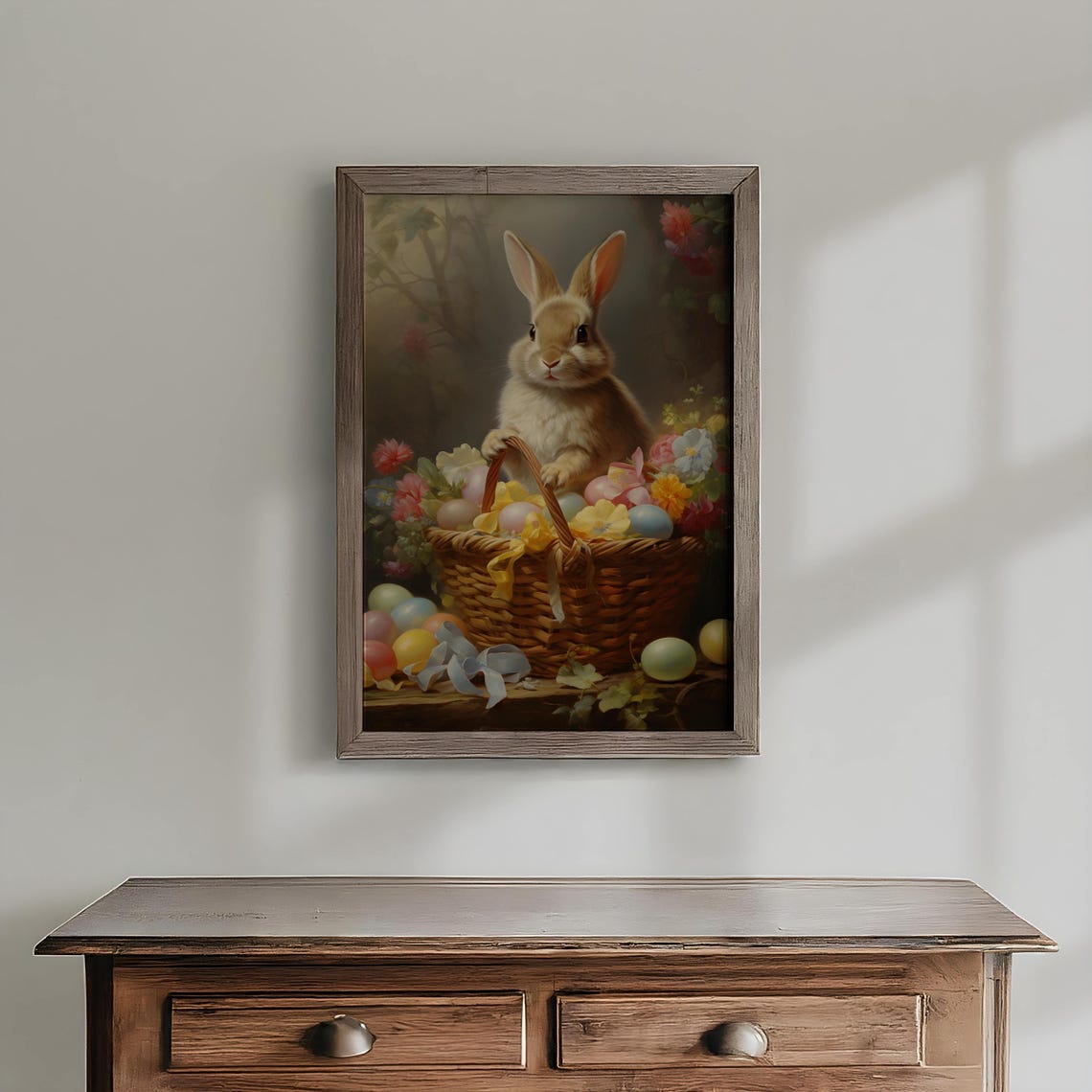 Easter Bunny With Basket Of Eggs Vintage Spring Painting Poster - Image 2