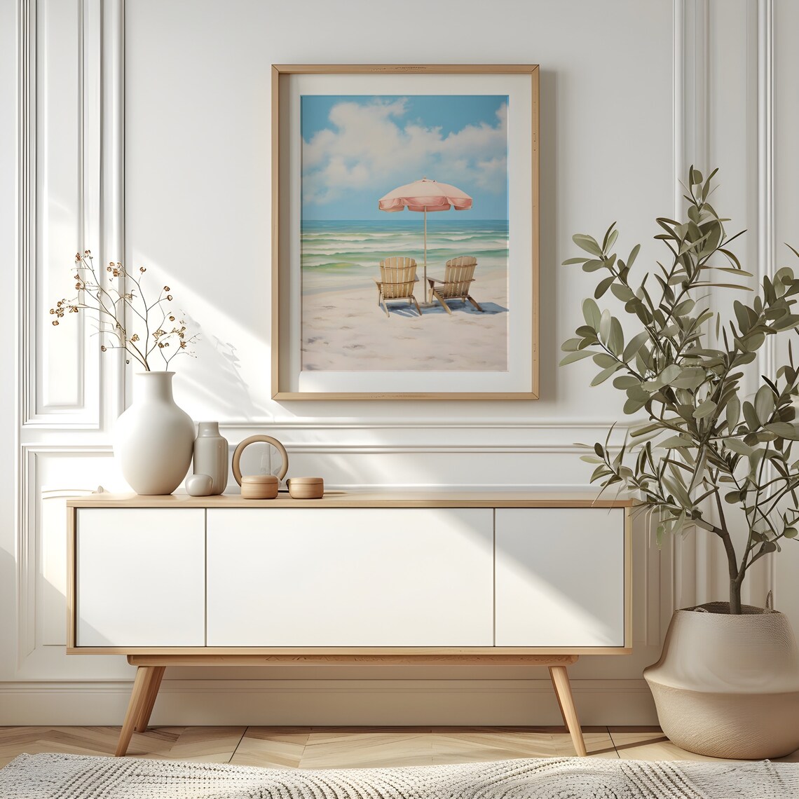Pink Beach Umbrella and Chairs on a Sunny Tropical Shore Painting Poster - Image 3