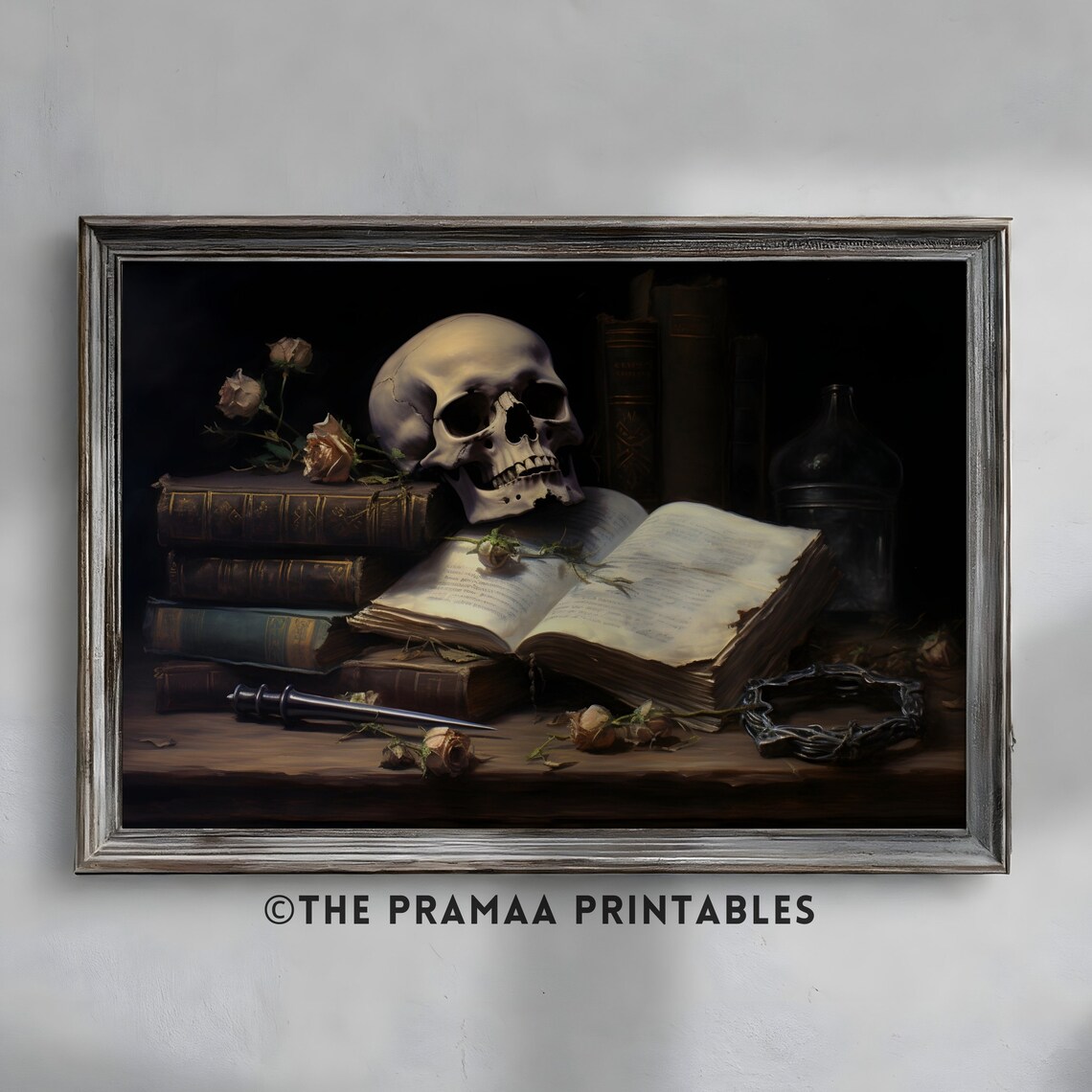 Skull Still Life with Antique Books Dark Academia Painting Poster