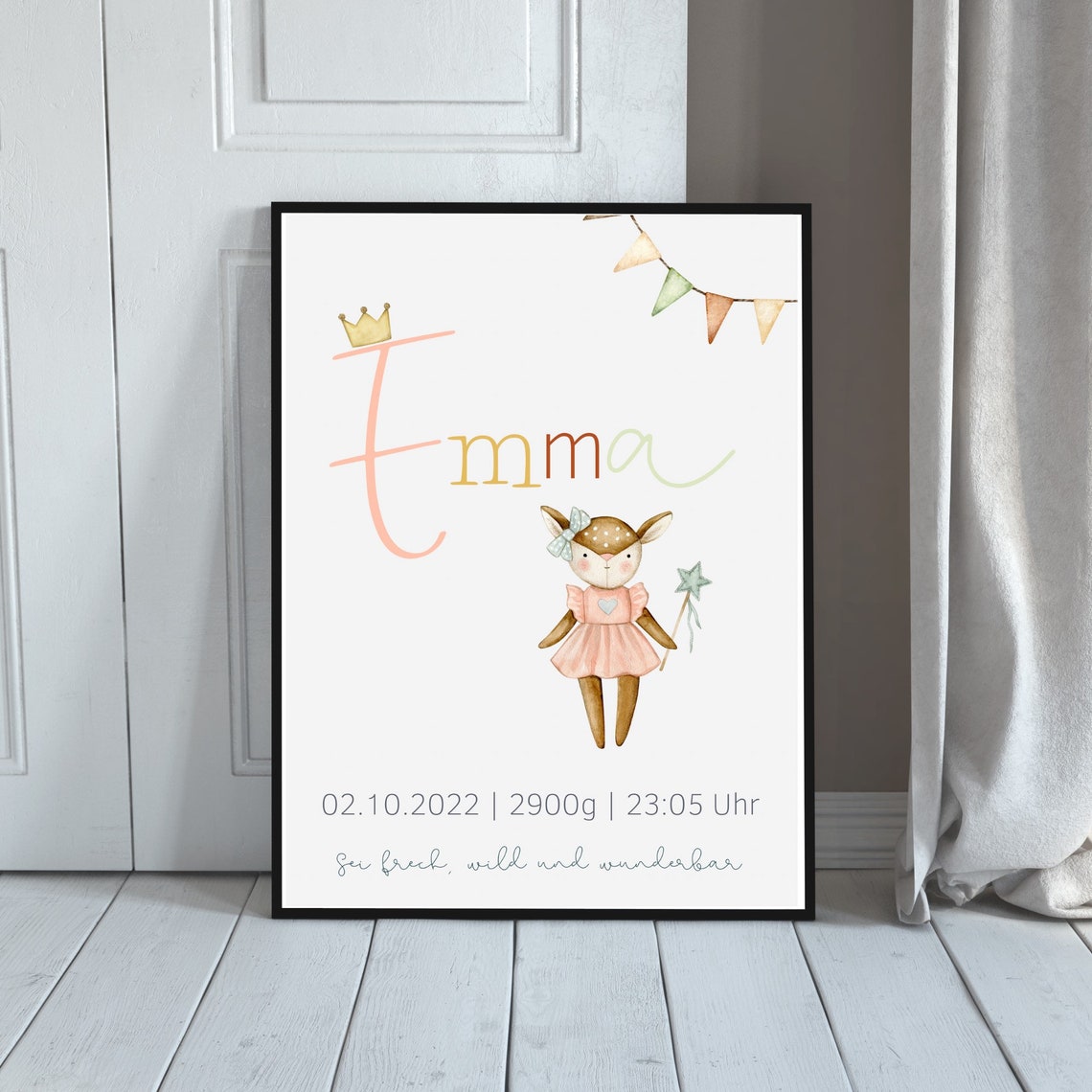 Personalized Birth Poster with Watercolor Deer for Baby Girl Nursery - Image 3
