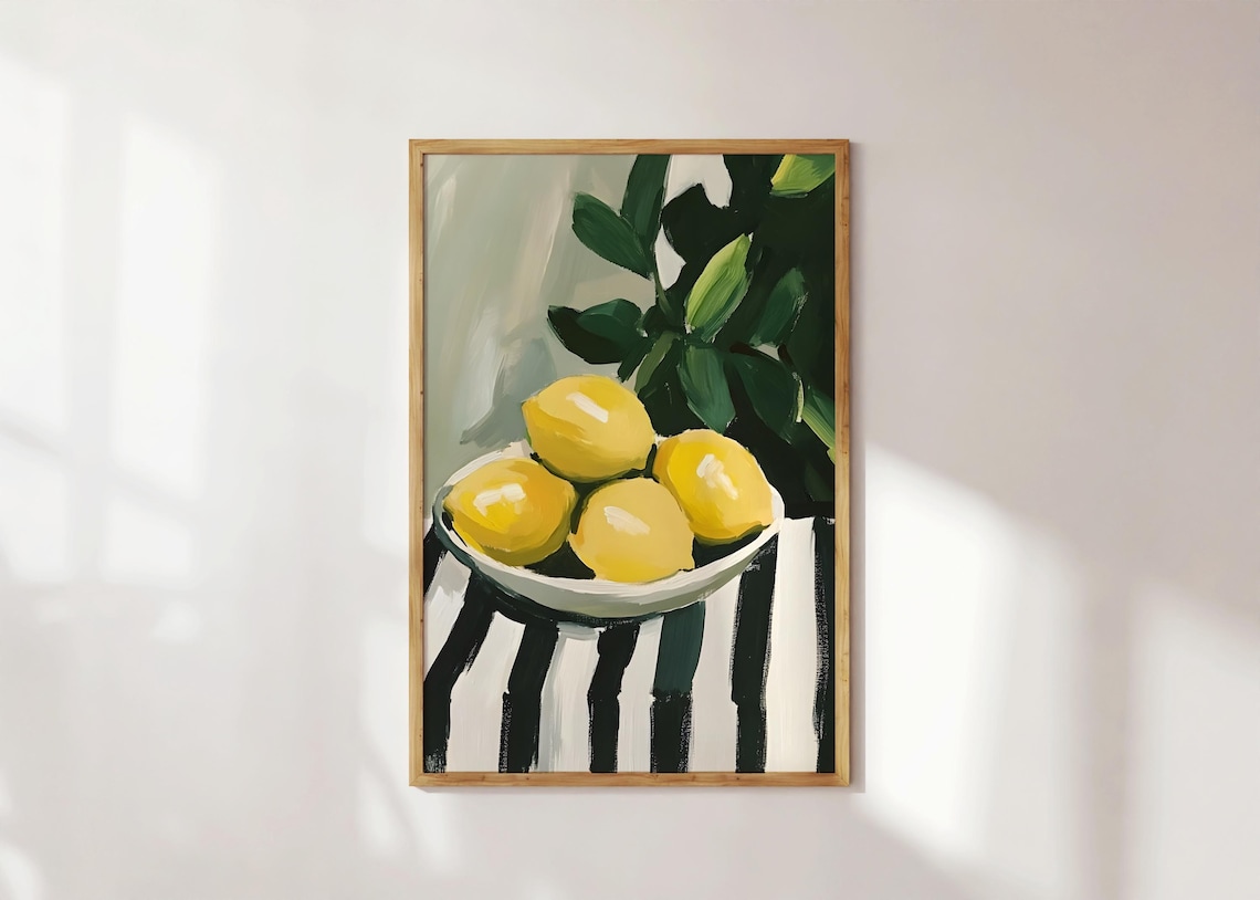 Yellow Lemons Stripe Art Print, Mediterranean Fruit