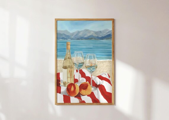 Beach Picnic Wine Bottle Glasses Peaches Seaside Still Life Poster