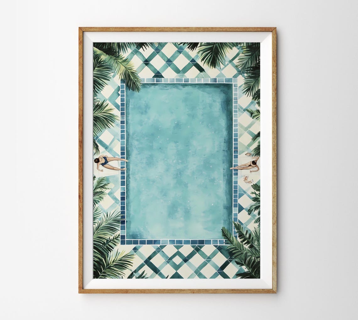 Aerial Pool View Two Swimmers Palm Trees Blue Watercolor Poster