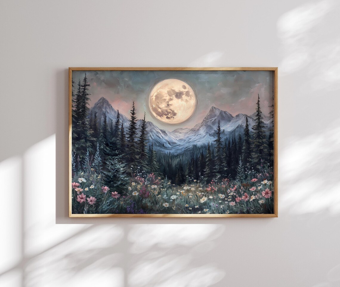 Moody Forest Full Moon Abstract Mountain Art Print