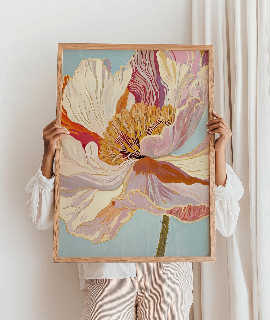 Large Soft Pastel Poppy Flower Modern Macro Botanical Art Print