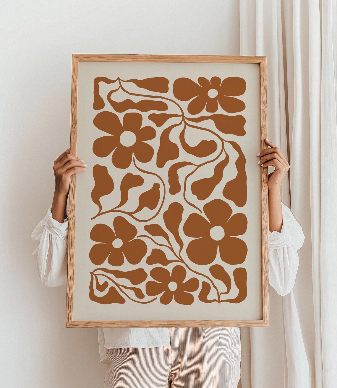 Burnt Orange Floral Print Modern Abstract Terracotta Flowers Poster Mid Century Botanical Wall Art