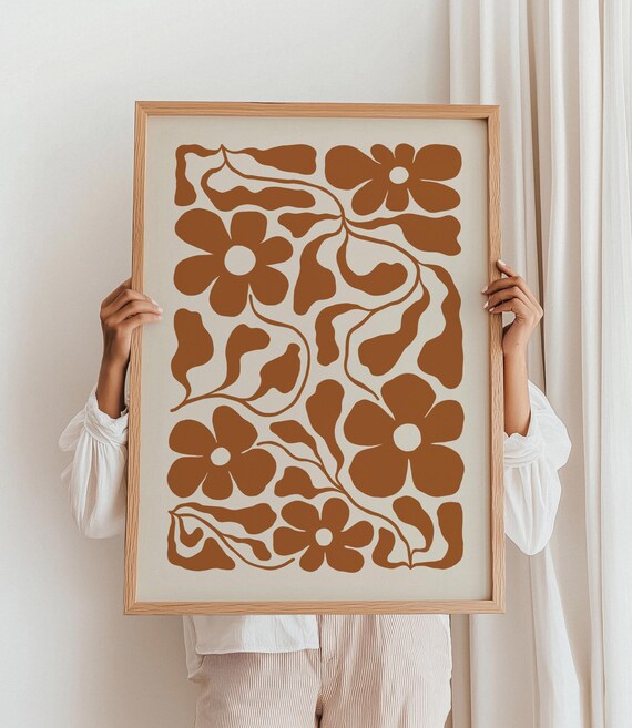 Burnt Orange Floral Print Modern Abstract Terracotta Flowers Poster Mid Century Botanical Wall Art