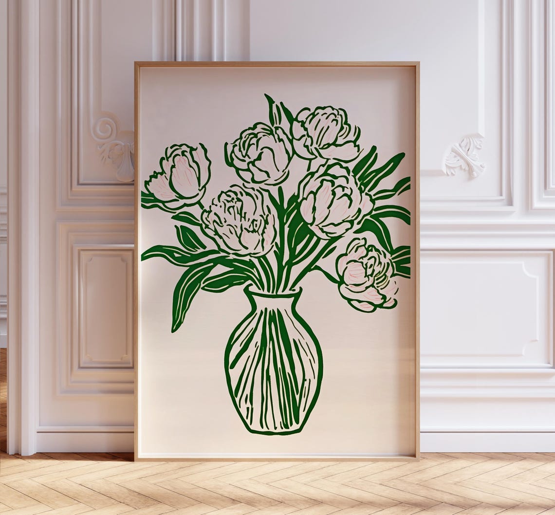 Green Floral Vase Peony Flowers Minimalist Hand Drawn Line Art Print